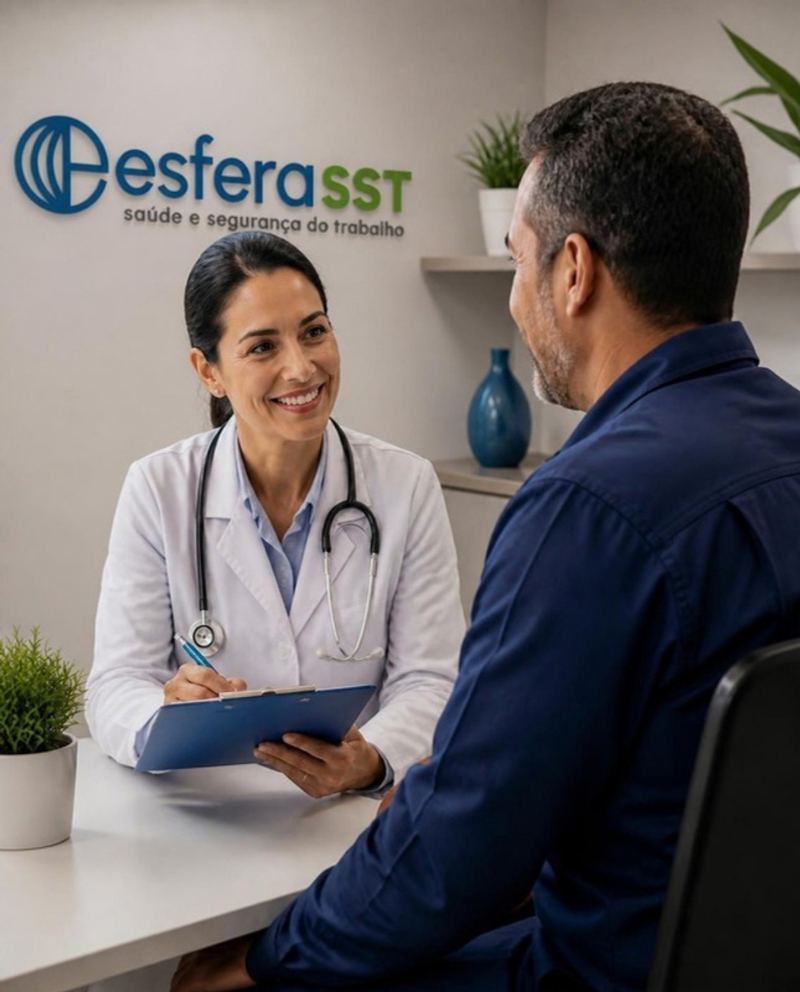 Médica do trabalho atendendo trabalhador no consultório de medicina ocupacional da Esfera SST