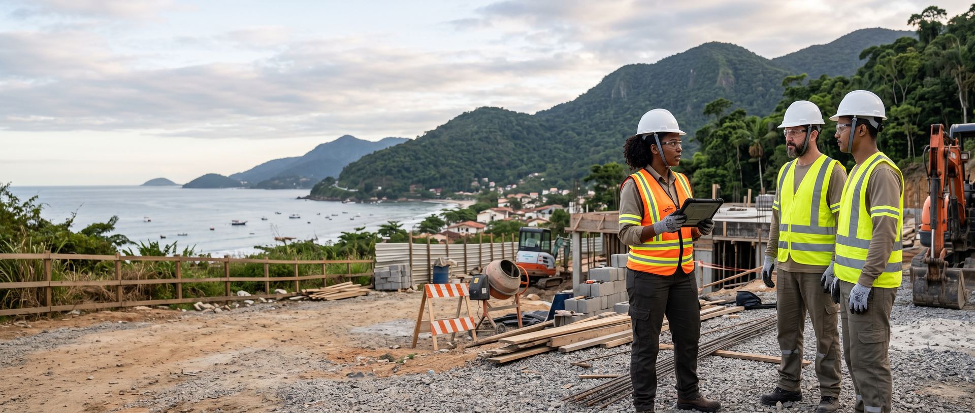 Técnica de segurança do trabalho e equipe com capacete e colete refletivo em obra no litoral