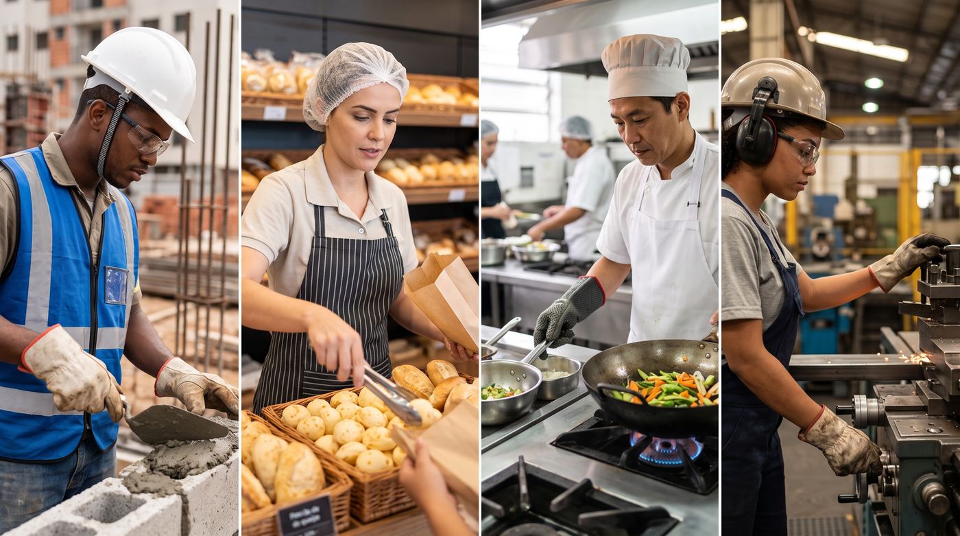 Trabalhadores da construção civil, de padaria, de cozinha de restaurante e da indústria usando equipamentos de proteção